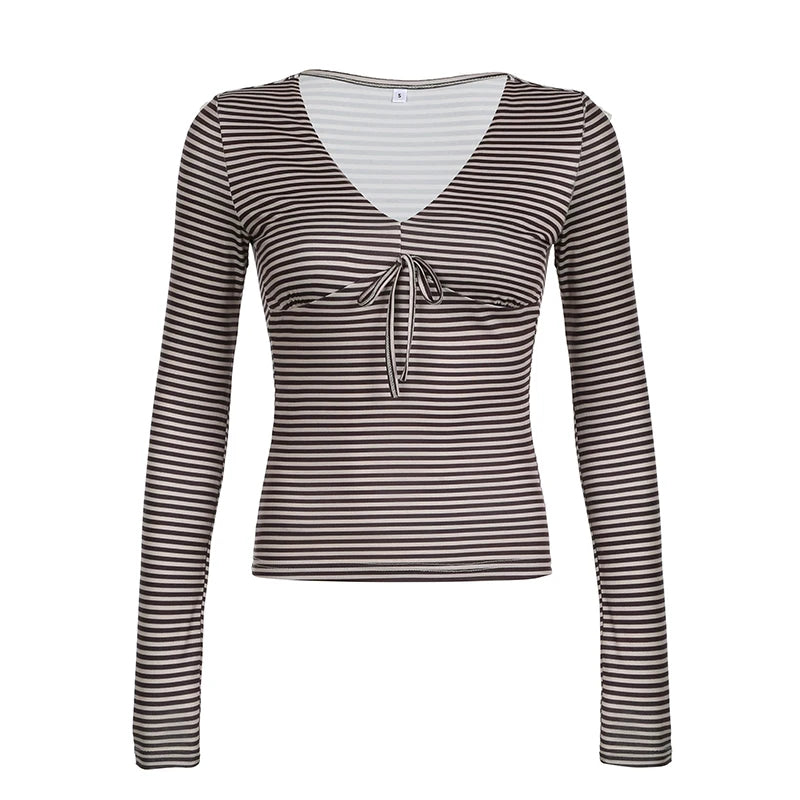 V-neck Strip Tee Shirt Long Sleeve Slim Lace-up Top