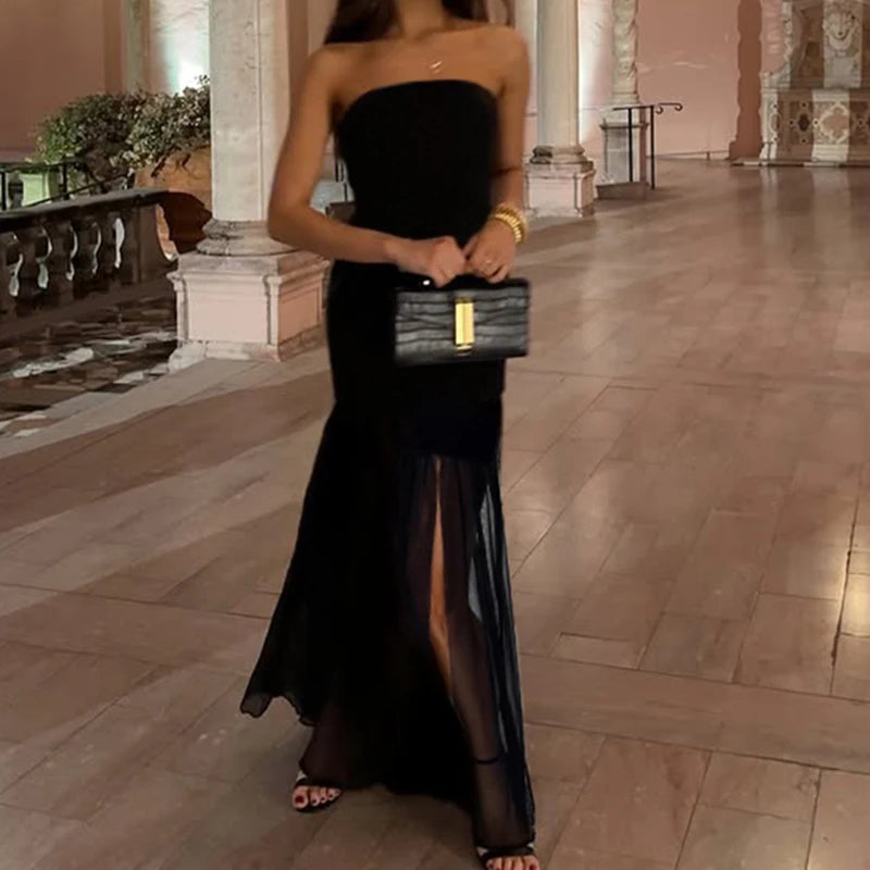 Strapless Mesh Dress Backless Split Evening Dress Floor-length Dress