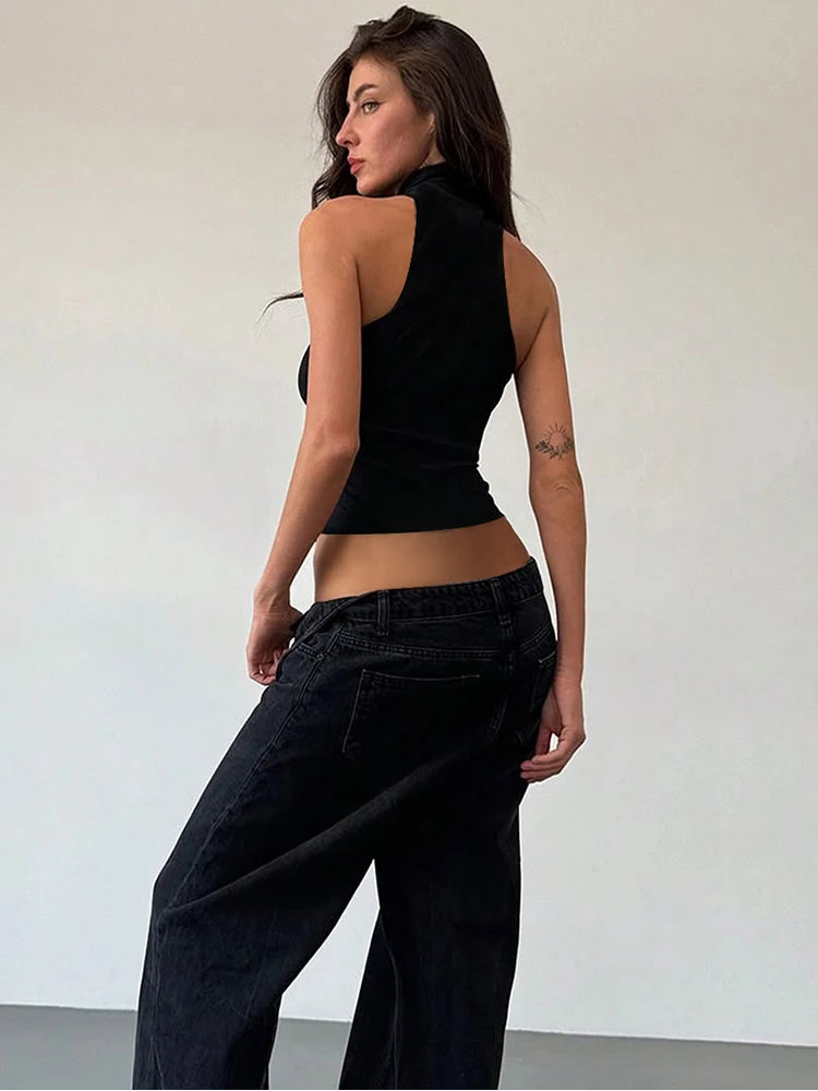 Metal Bodycone Halter Tank Claic Stand Collar Skinny Cropp Vet Top