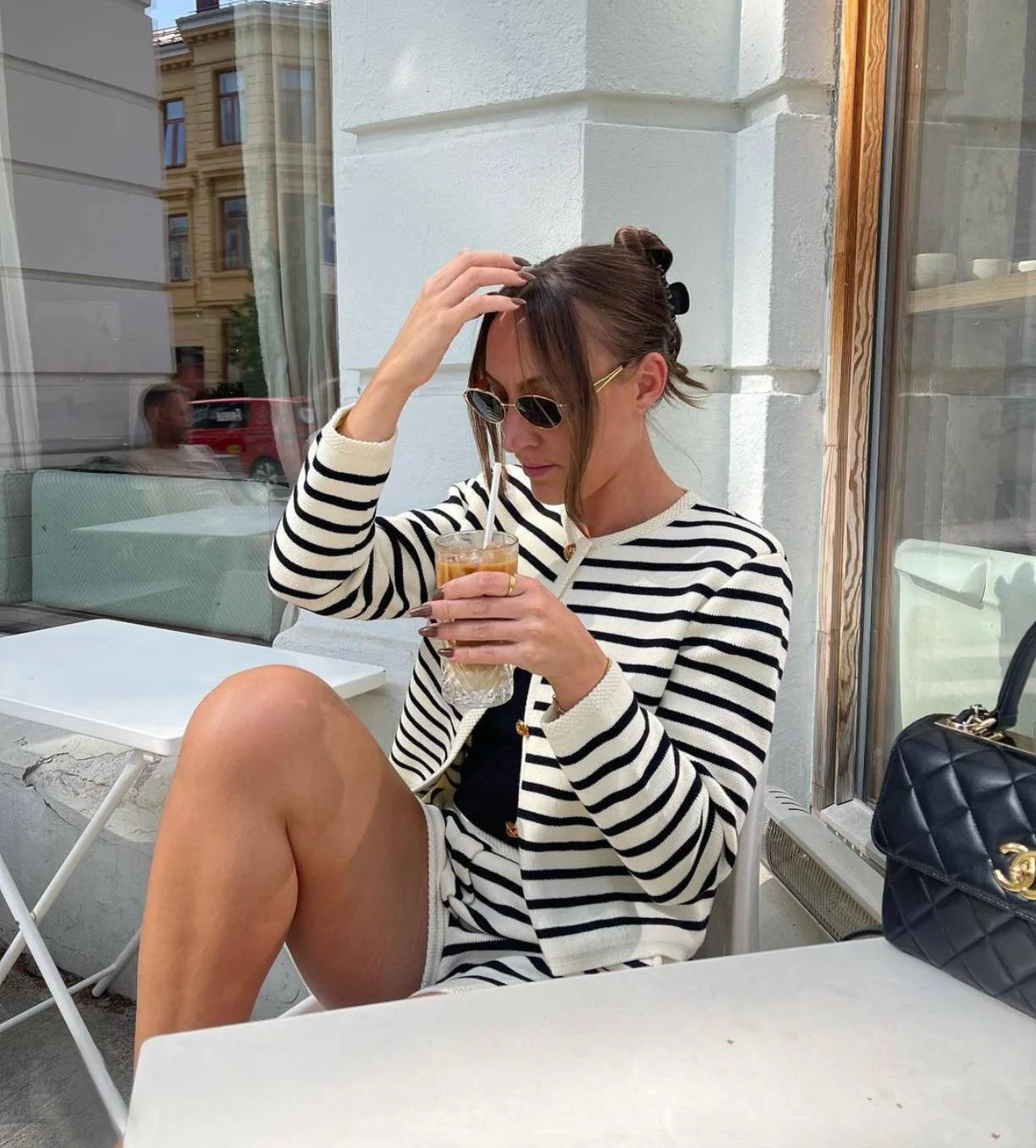Striped Knit 2 Piece-Set Shorts Zebra ed Cardigan And High Waist Patchwork Shorts Sets Knit