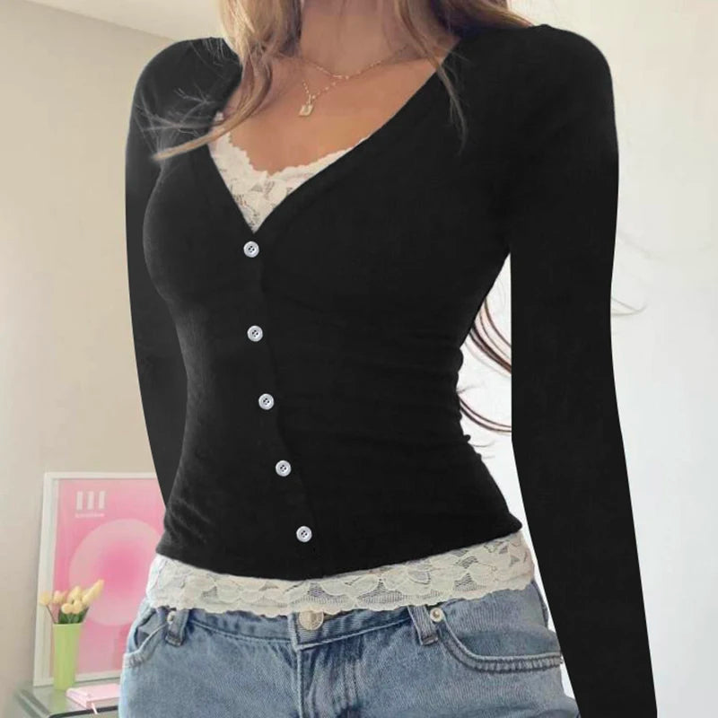 Lace Patchwork Slim Tee Shirt Long Sleeve Button Top