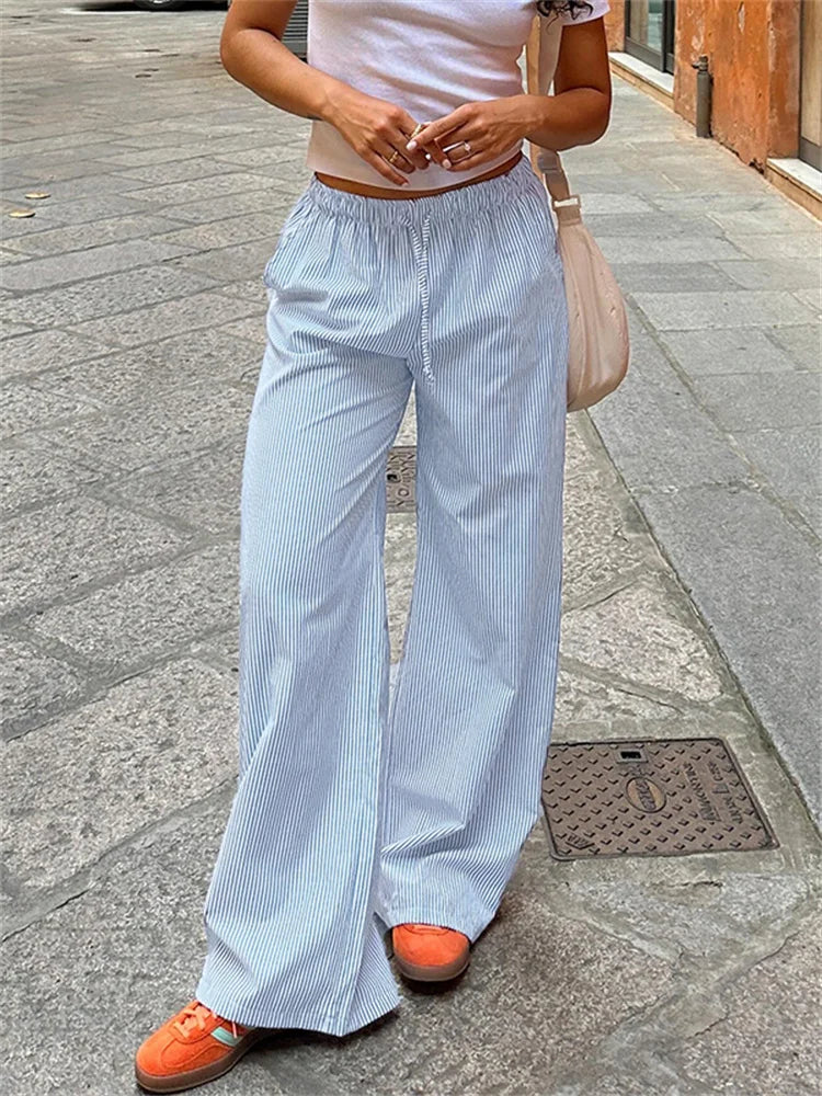 Striped Print Loose Trousers Lace-up Joggers Baggy Pants Bottoms