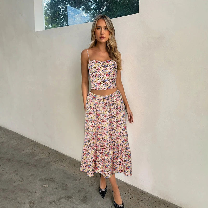 Floral Backless Pleated Two Piece Set