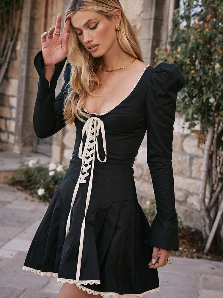 Straps Lace-Up Princess Puff Sleeves Pleated O-Neck Mini Dress 2023 Evening Wholesale