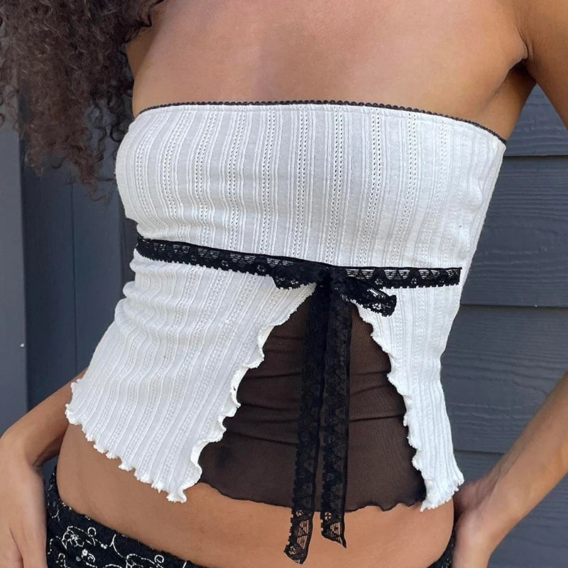 sweet Bow Crop Top Lace Patchwork Strapless Vests Sleeveless Slim Camis