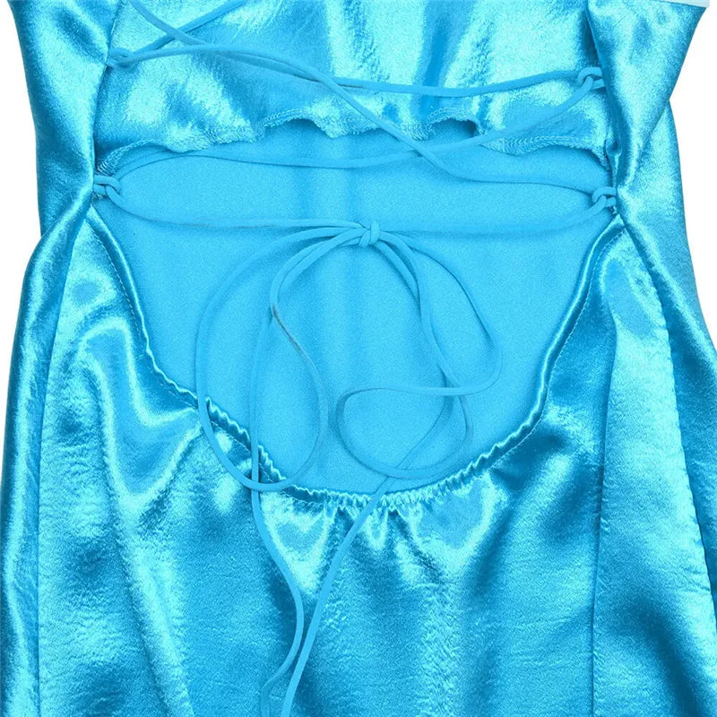 Patchwork Sleeveless Mini Dress Satin Strapless Backless Lace-up High Waist A-line Dress