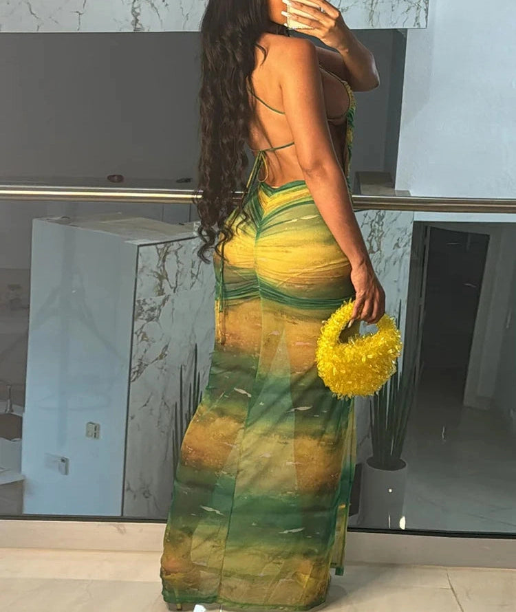 Green Mesh Backless Maxi Dress
