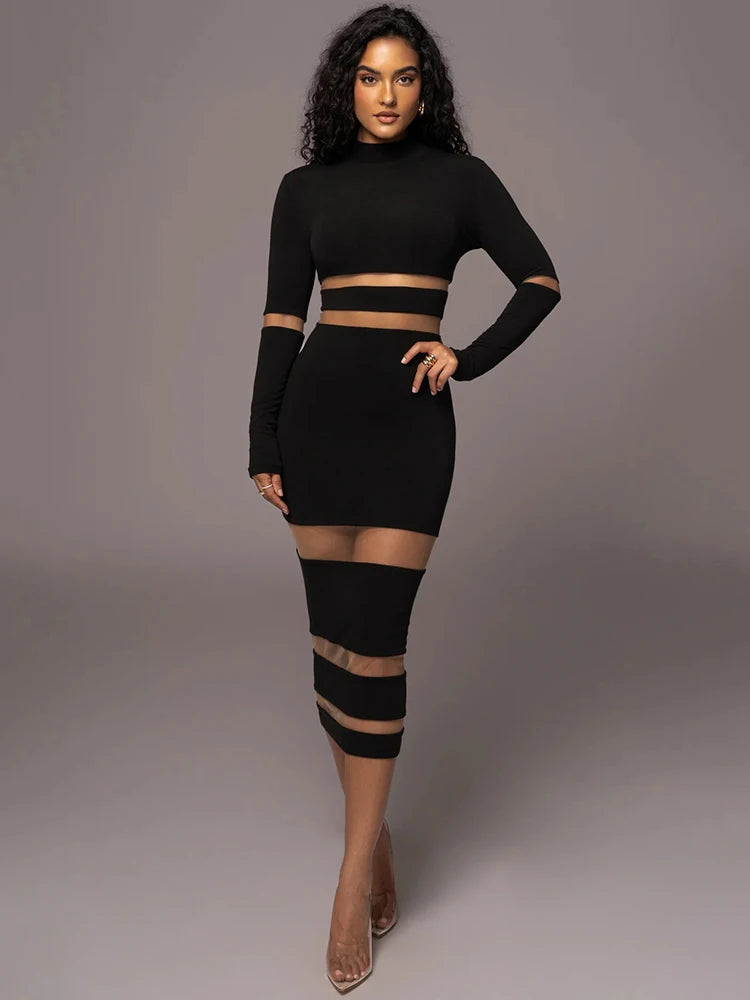 Patchwork Bodycon Midi Dress Turtleneck Long Sleeve Dress