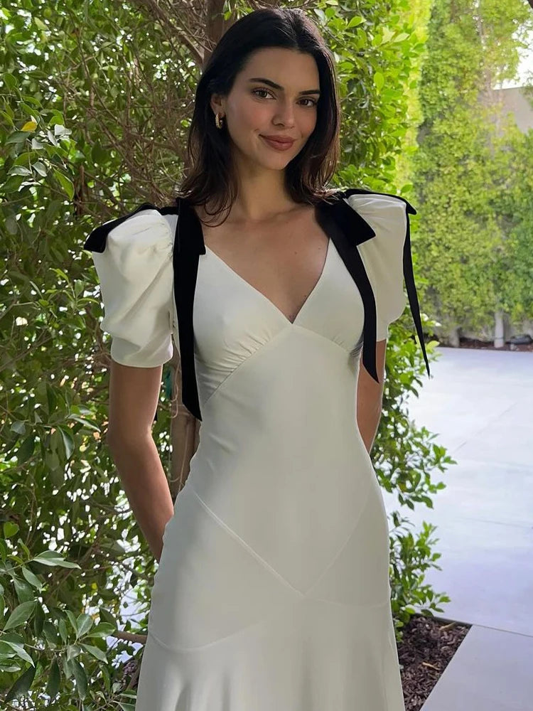 White Lace-Up Long Dress with Black Bow