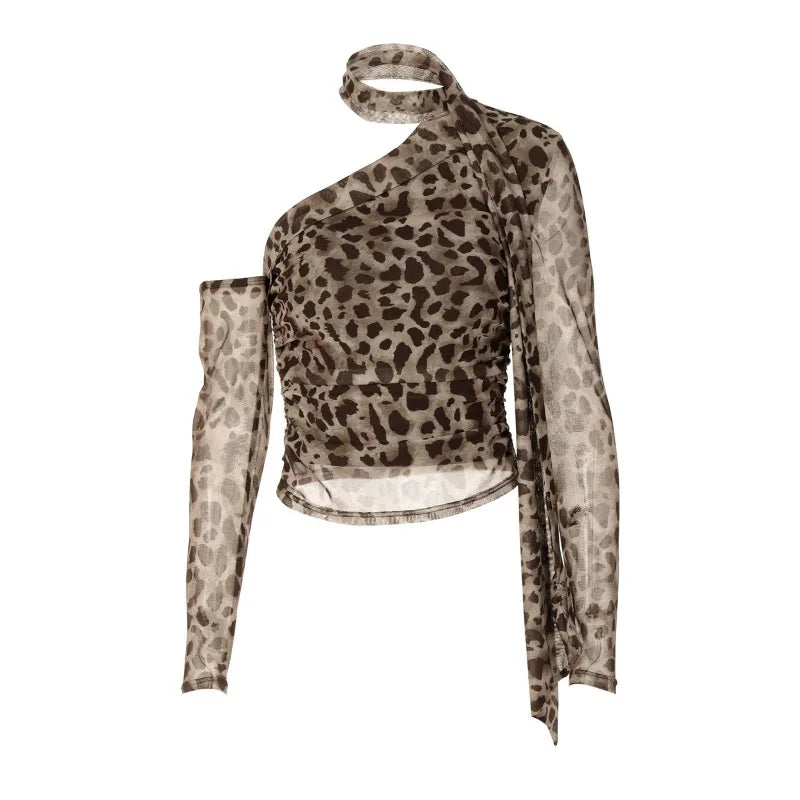 Leopard Mesh Sheer Long Sleeve Top