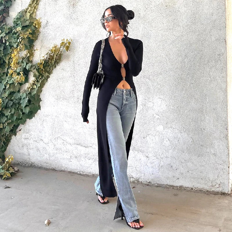 Hollow Out Long Sleeve Maxi T Shirt V Neck Low Cut Metal Button Black Top Cusual Lady Top Tees