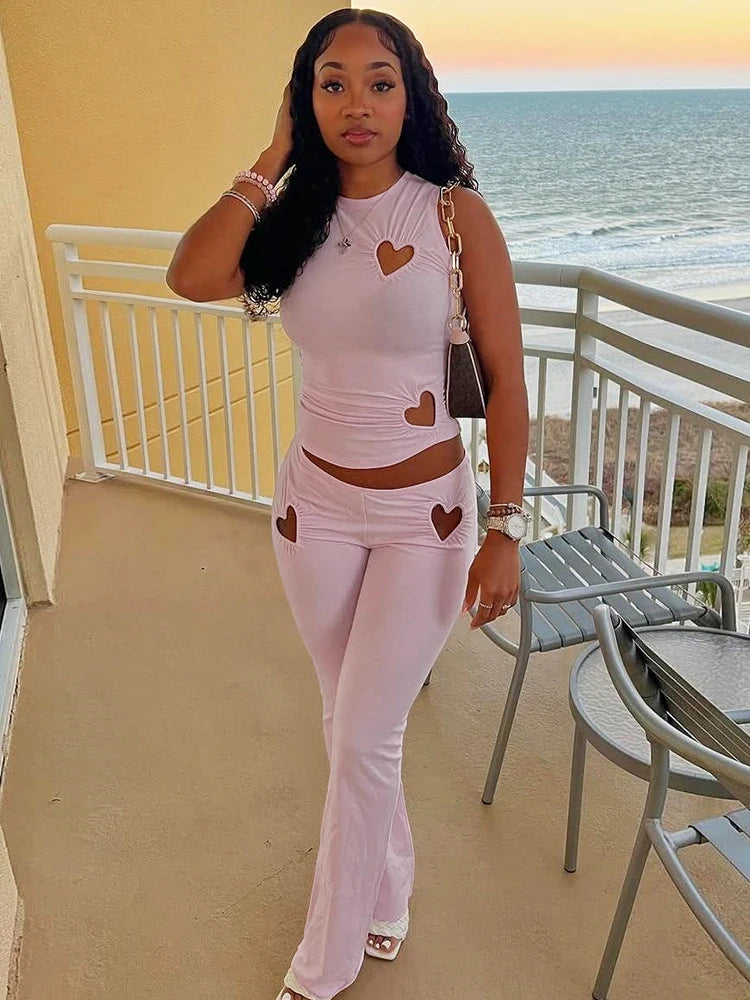 Heart Hollow Two Piece Set Sleeveless O-neck Vests High Waist Pants Basic Street