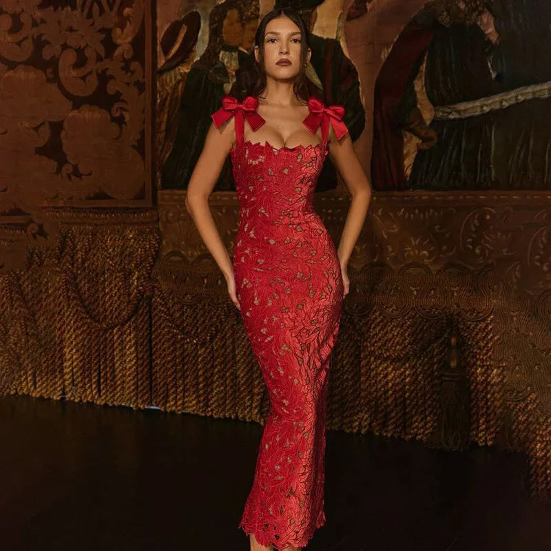 Bows Lace Maxi Dress Sleeveless Backless Bodycon Year Long Dress