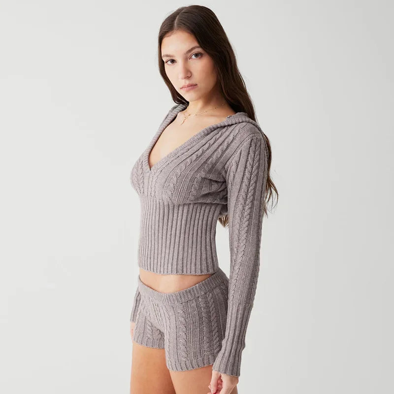 Knitted Sweater & Mini Shorts Two Piece Set