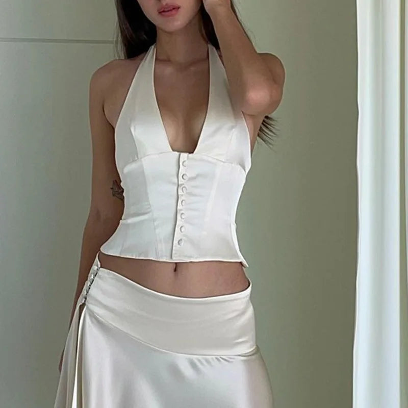 Halter Satin Deep V-neck Crop Top Button Mini Skirt Two Piece Set