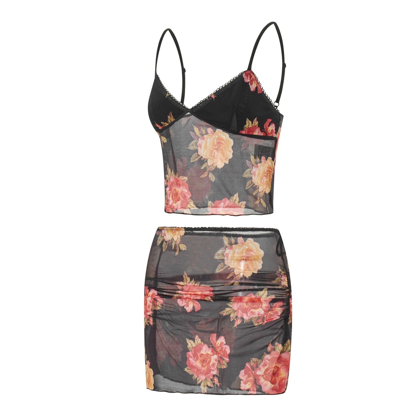 Sleeveless V Neck Low Cut Cami Top Elastic Waist Flower Print Mini Skirt 2 Piece