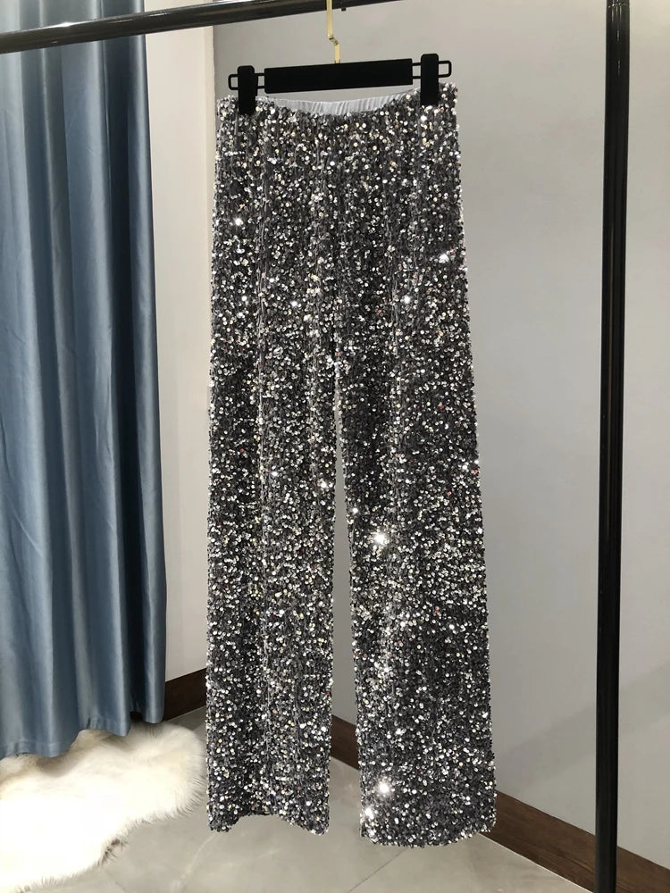 The Trendy Sparkling Gold Pants Relaxation of Tall Waist Wide-legged Pants South Korean