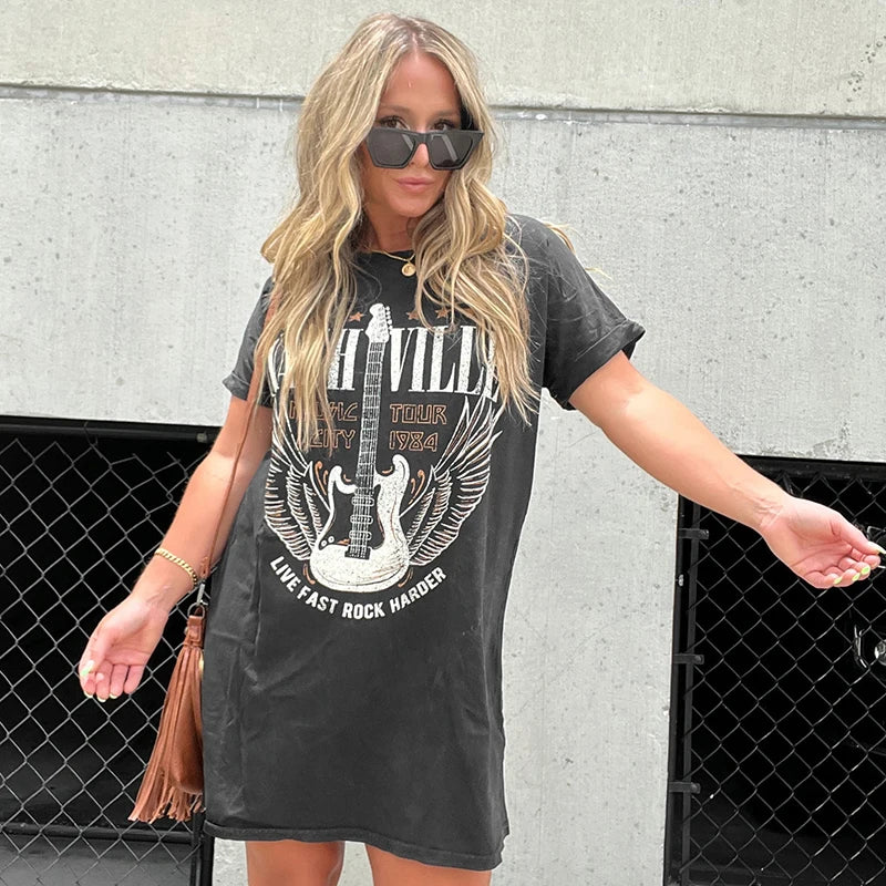 'S Spring Printed Lengthened Wide T-Shirt Dress Cool Metal Wind Loose Versatile wea