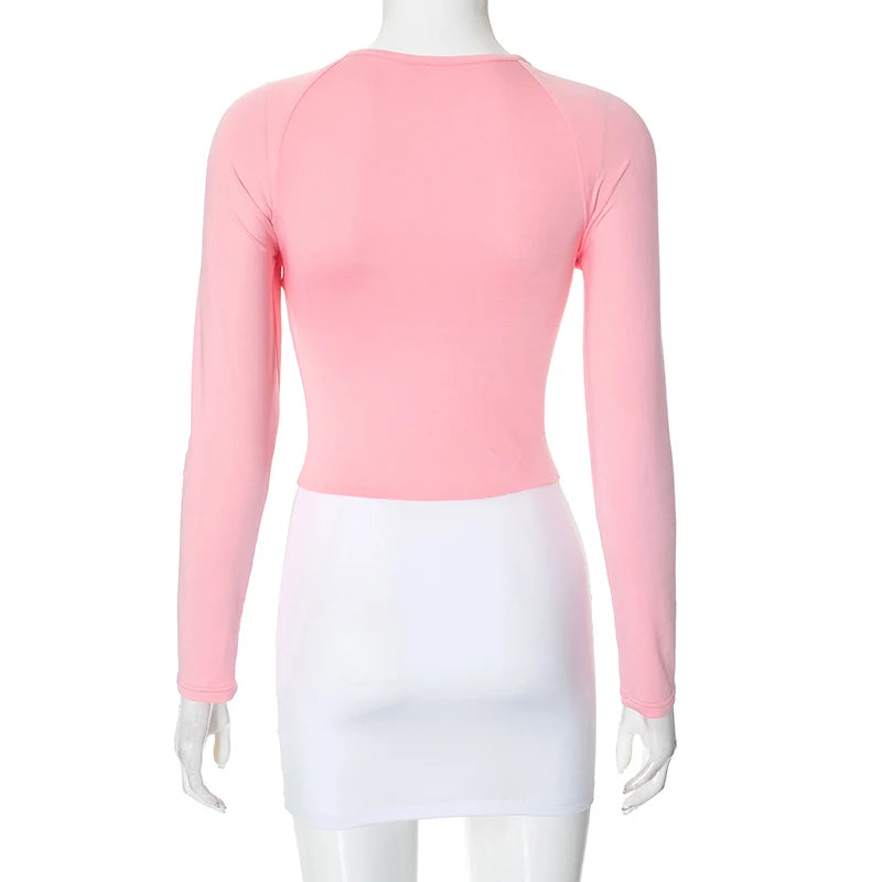 Deign Colliion Cro V-Neck Hollow Out Long Sleeve Slim Dress