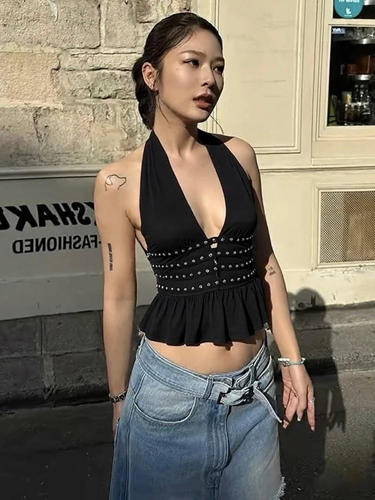 Black Backless V-Neck Halter Top
