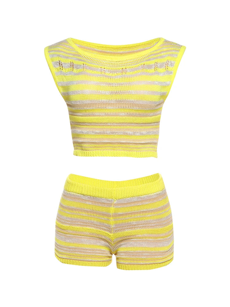 Crochet Two Piece Set Thin Hollow Tank Top Shorts Stretch Matching