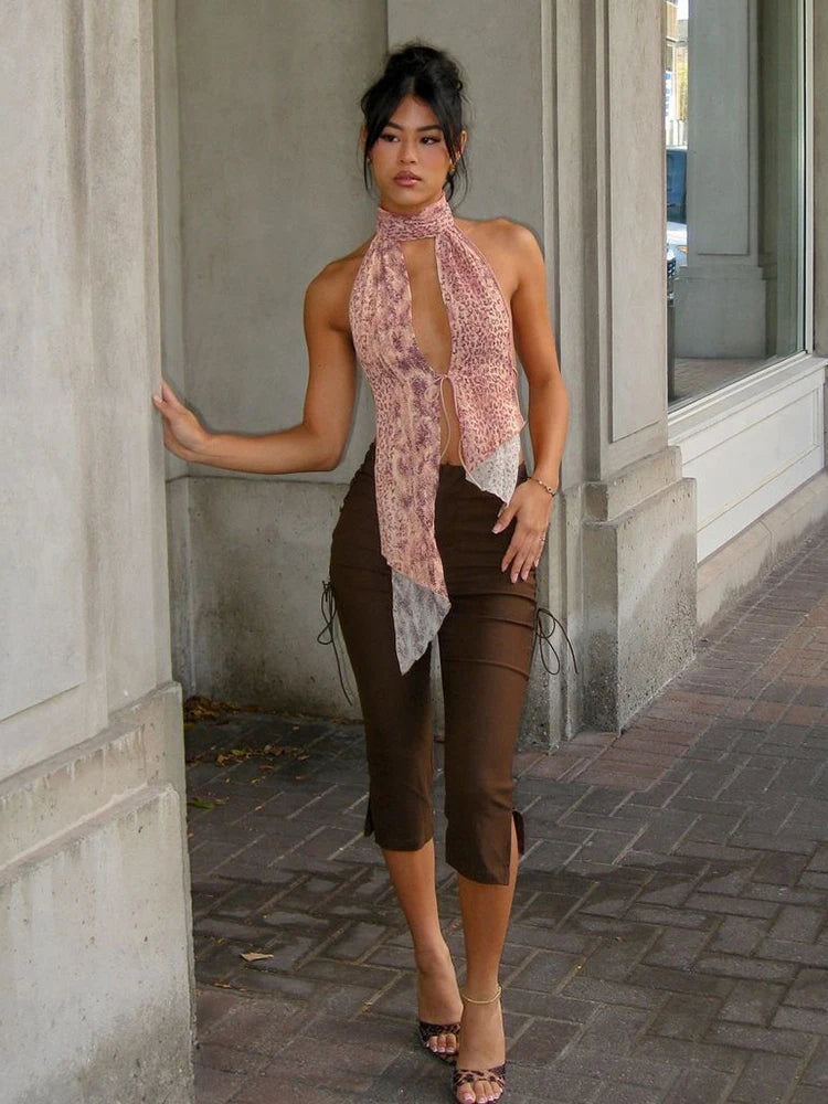 Leopard Print Backless Camisole Shirring Ruched Halter Sleeveless Slim Vest