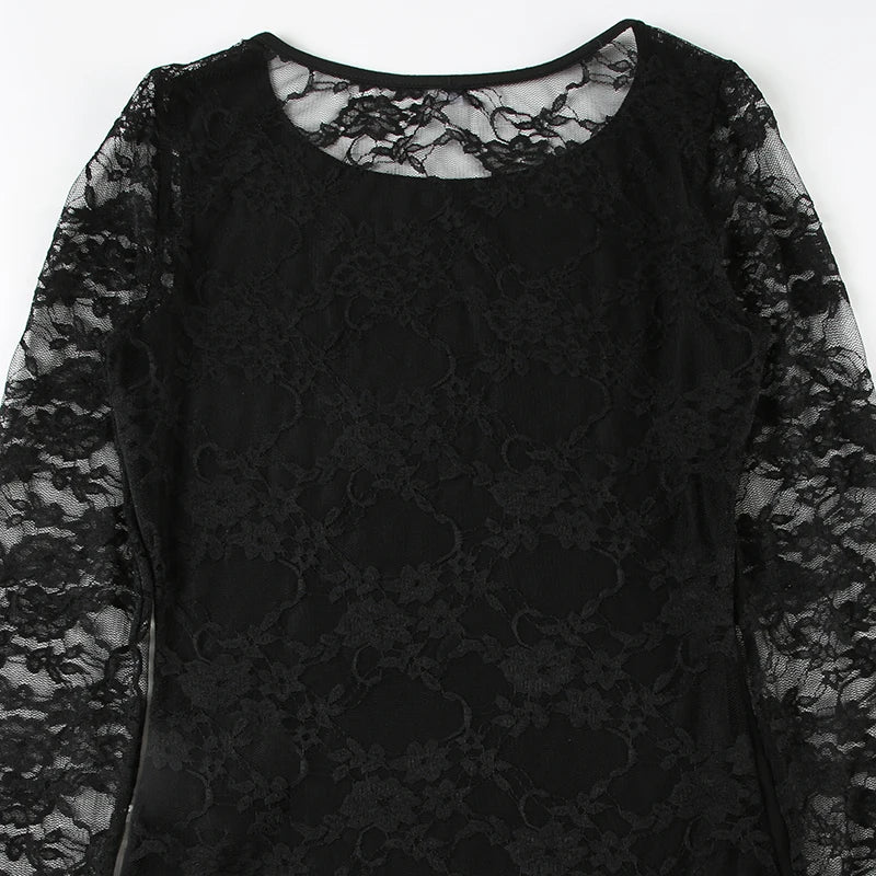 Crewneck Tee Shirts Lace Patchwork Slim Black Top