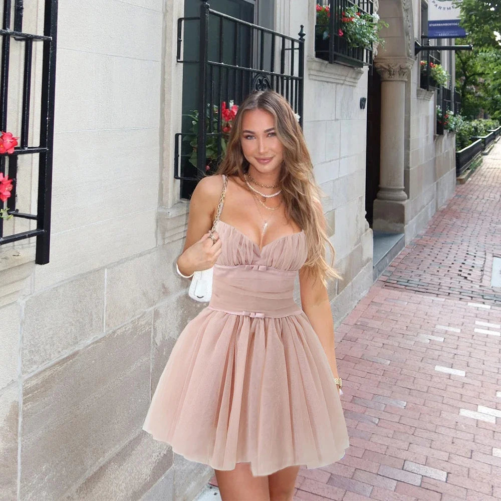 Spaghetti Strap Dresses Pink Puffy Cake Dress Mini Mesh Backless Dress
