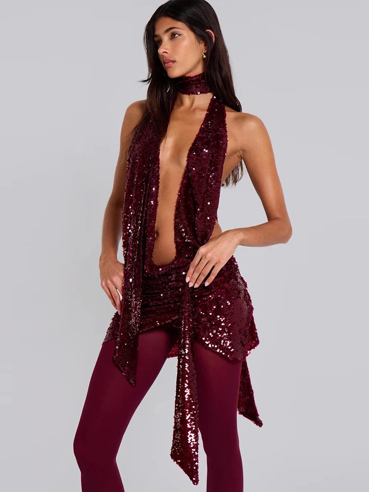 Sequins Deep V Neck Backless Mini Dress