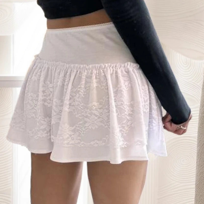 Lace Patchwork Ruched Skirts Bow Mini Bottoms A-line Skirts