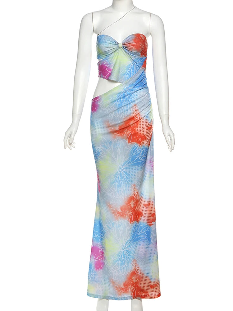 Print Dress Waitle Diagonal Metal Strap Bodycon