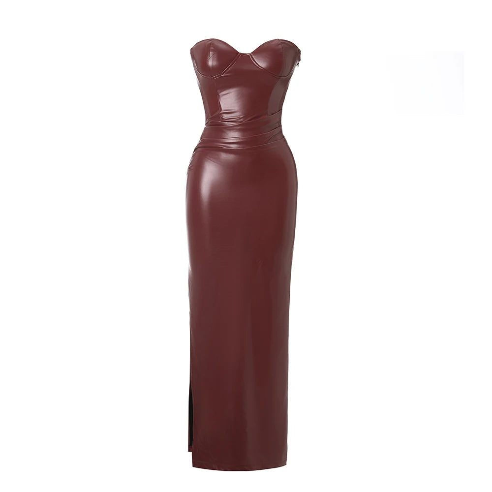 Strapless Dress Wine PU Corset Dress Midi Bodycon Night Event Dress