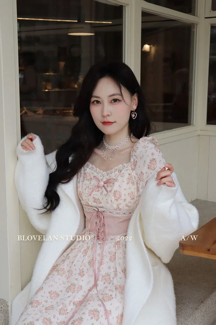 Spring Pink Floral Dress Bandage Lace Print Dress Puff Sleeve Kawaii Dress Princess Fairy