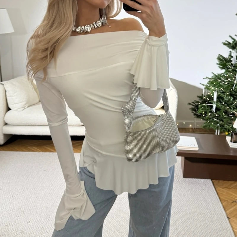 Ruffled Flare Sleeve Off Shoulder Pullover Top