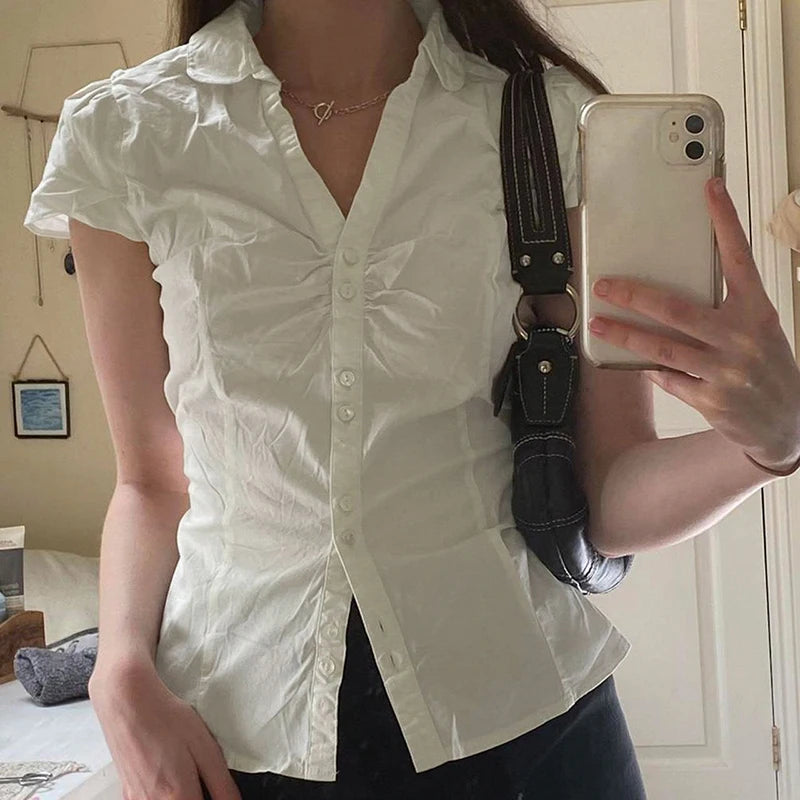 Turn-Down Neck Tee Shirts Short Sleeves Top Ruched Lace-up