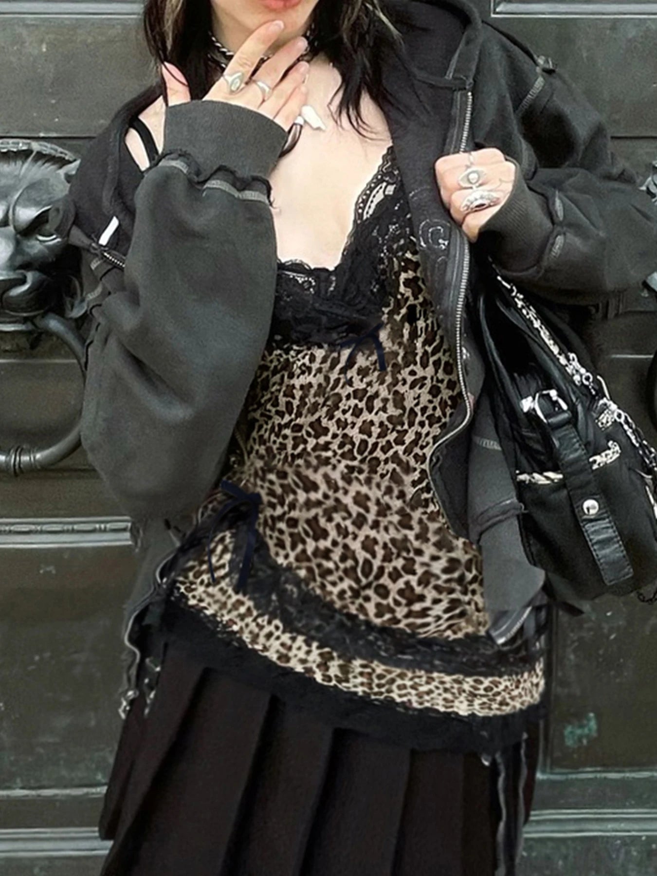 Lace Patchwork Camisole Leopard Print Backless Top V-neck Sleeveless Fairycore