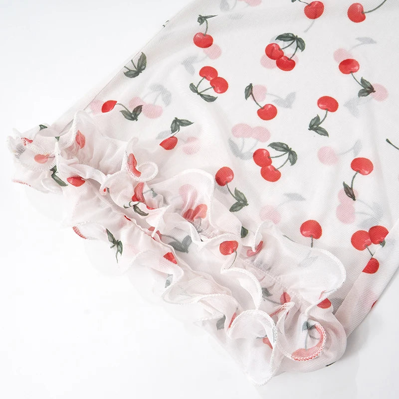 'S Spring/ Cherry Print Cake Edge See-Through Mesh Flare Pants tie Girls hearts
