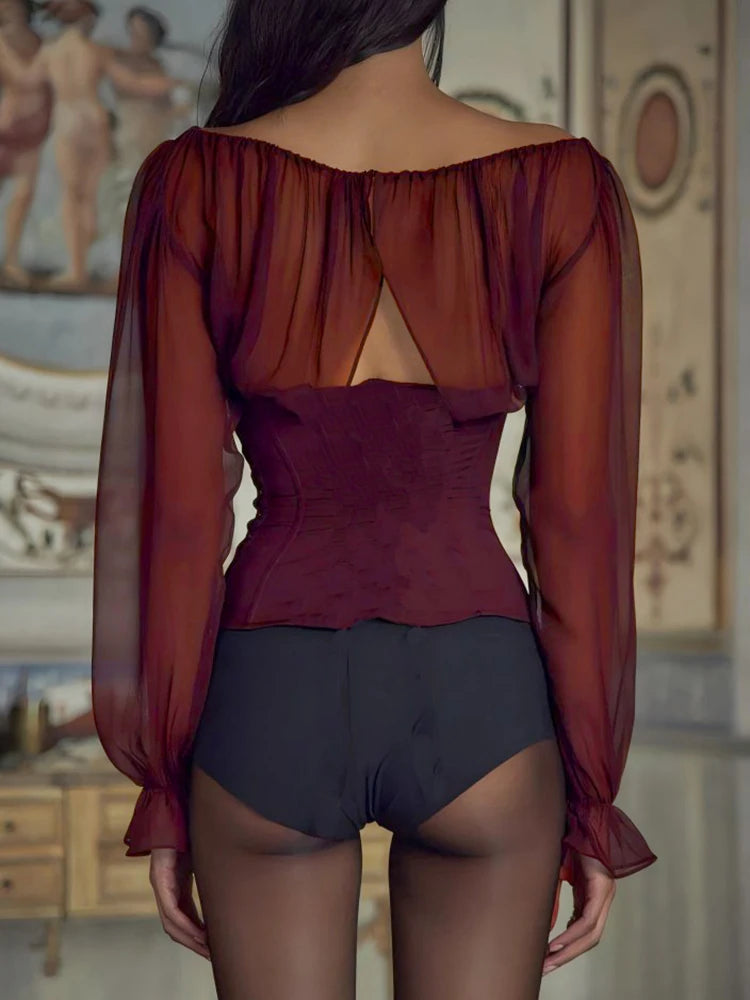 Patchwork Round Neck Chiffon T-shirt Burgundy Long Sleeve Lace Up T-shirt Slim Casual