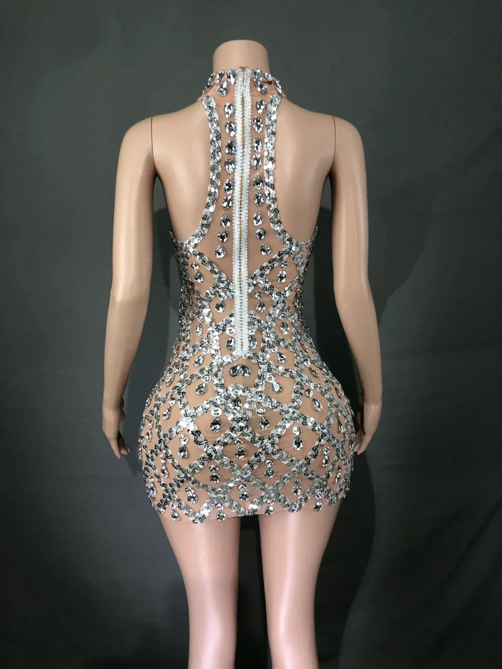 Sparkly Silver Sequins Crystals Short Dress Sleeveless Transparent Birthday Dress Singer Show Wear