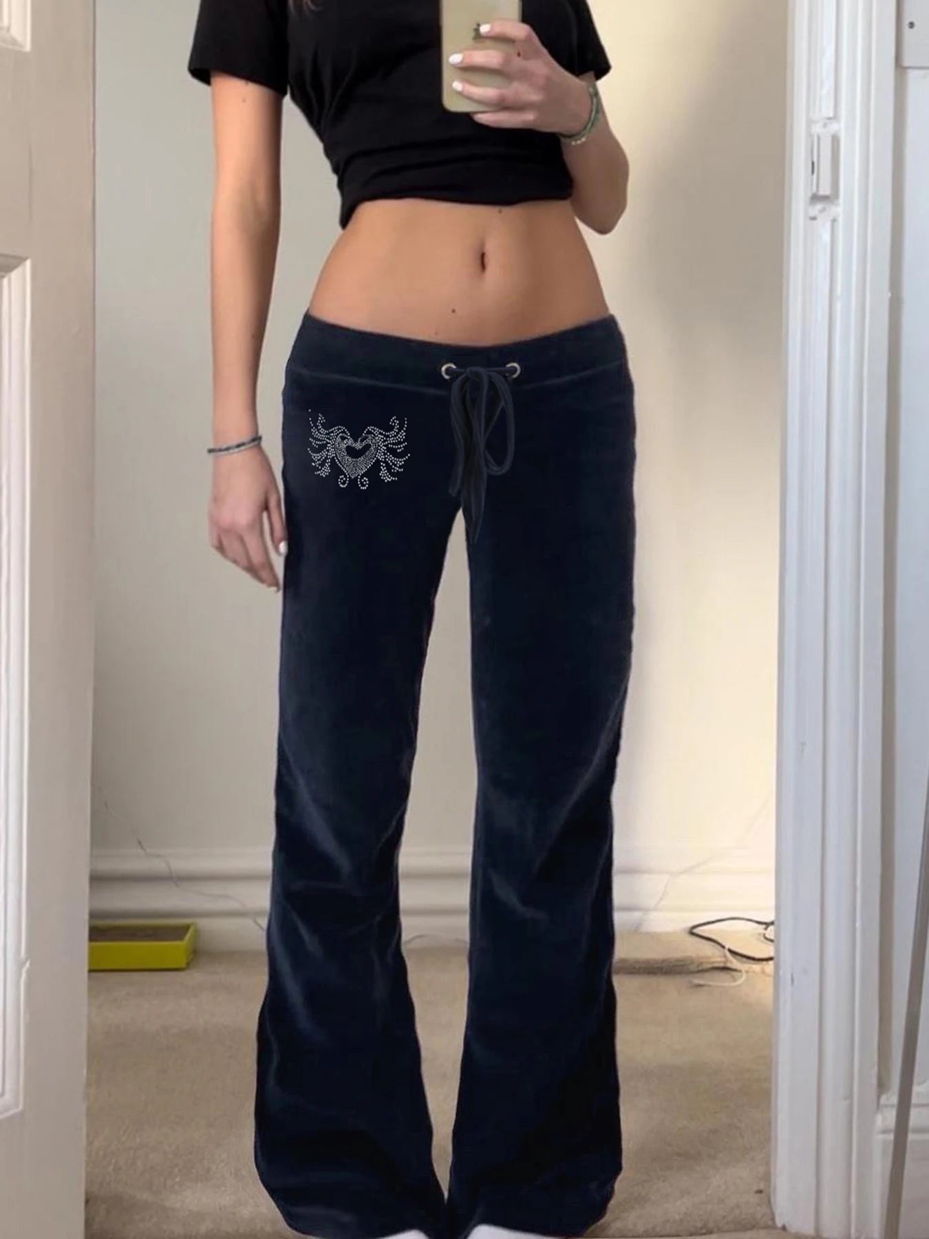Retro Rhinestone Flare Pants Lace-up Bottoms 's Pants