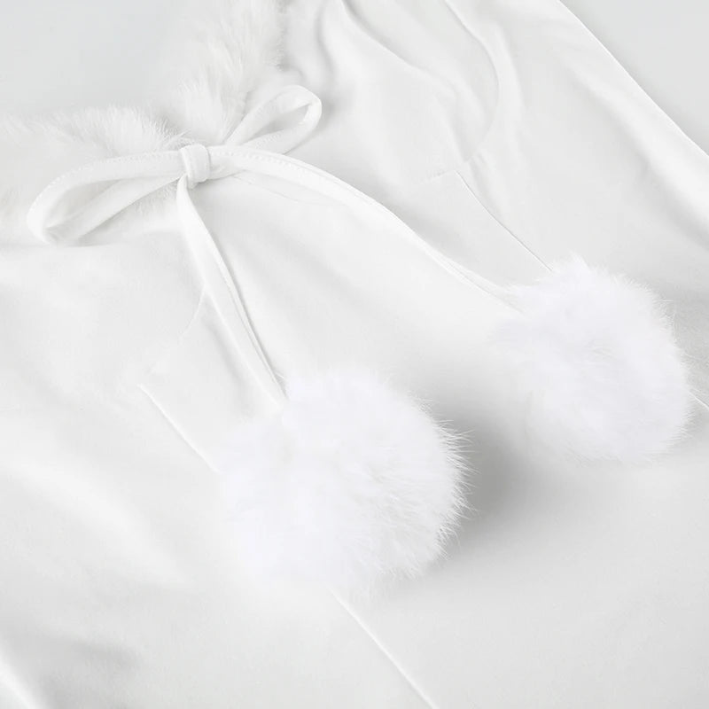 Strap Sleeveless Dress A-Line sweet White Mini V-Neck Lace-up Hairball Dress
