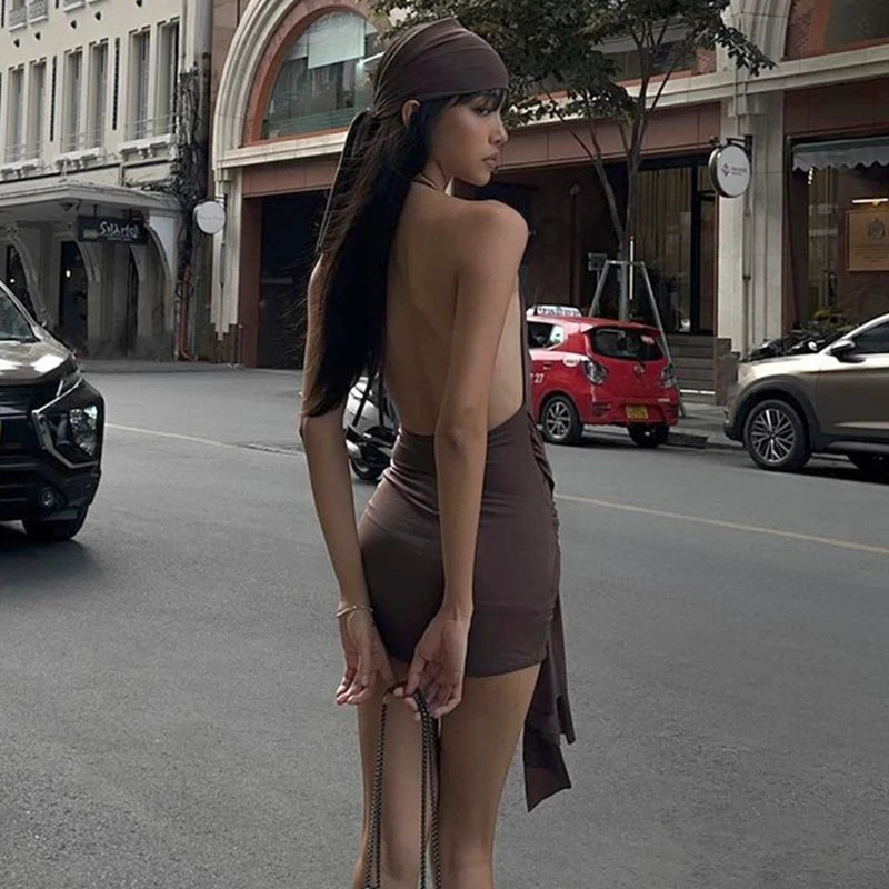 Brown Low-cut Backless Pleated Slim Mini Dress
