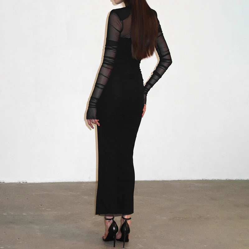Meh See Through Sheath Dress Long Sleeve Collar Bodycon