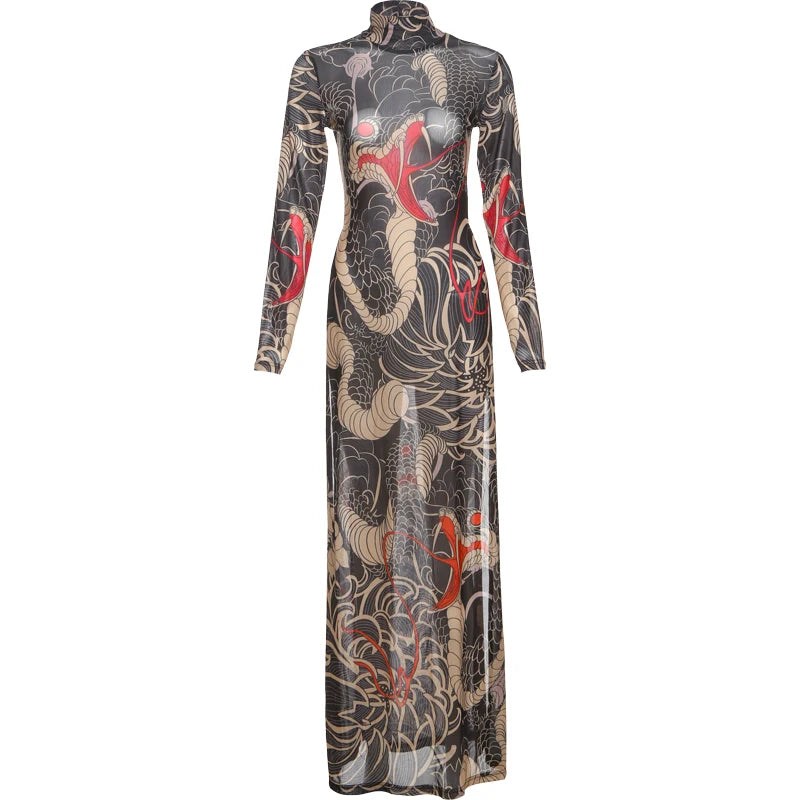See Through Blouse Snake Print Half-High Neck Long Sleeves High Slits High Elasticity Long Top
