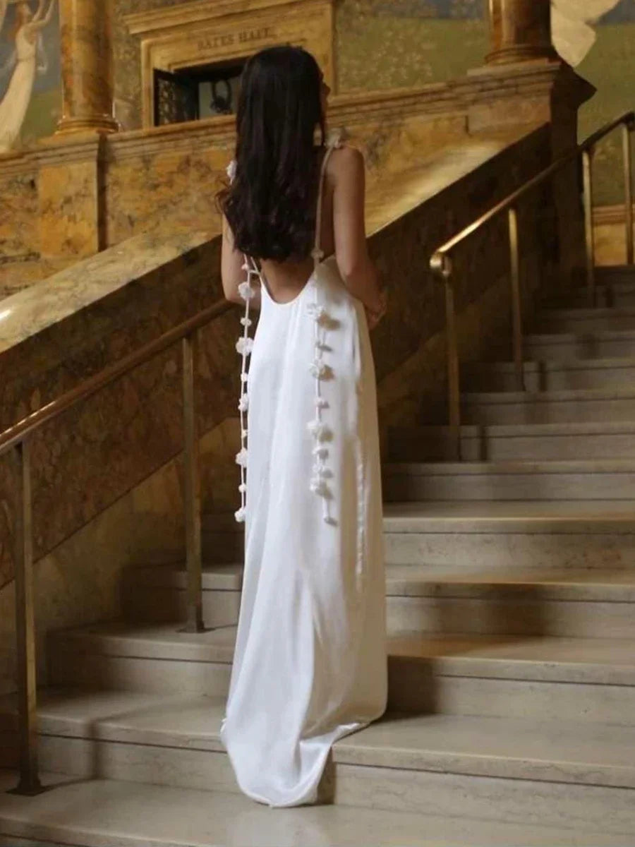 's Color Flower Tassel Backless Sleeveless Satin Maxi Long Bodycon Sling Dress