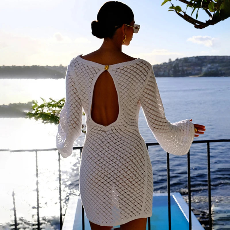 Hollow Knitt Dress Bikini Swimsuit Cover-up Sun Long Sleeve Cover Up Dress