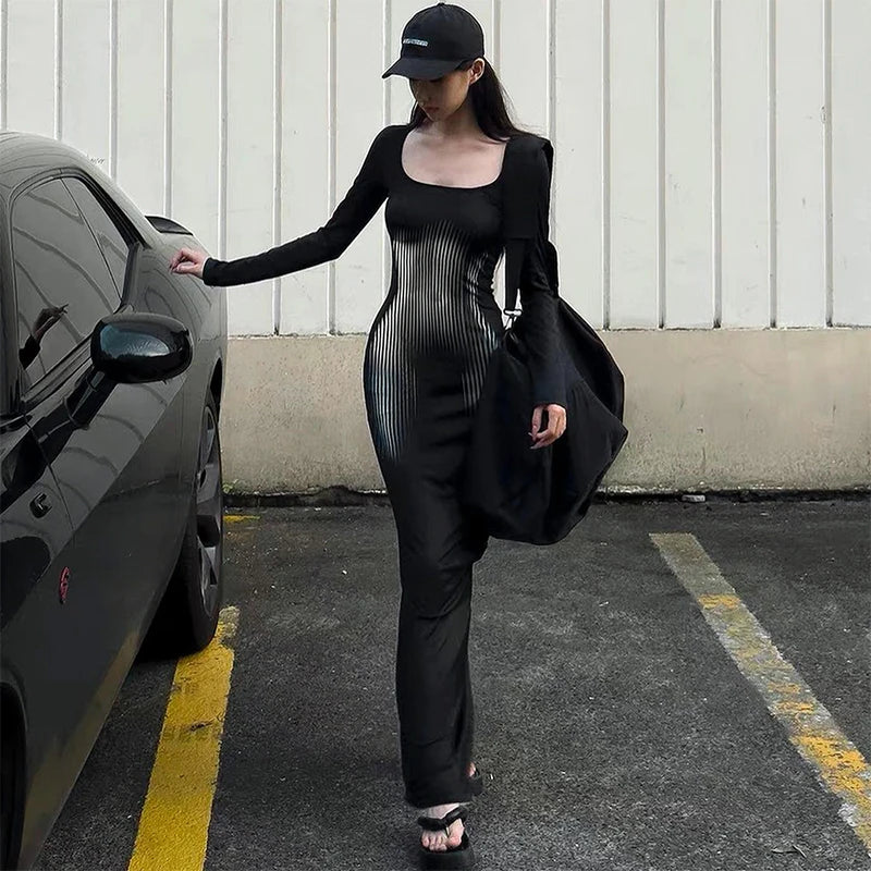Square Collar Long Sleeve Dress High Waist Abstract Stripe Body Dress Wrap Mermaid Dres