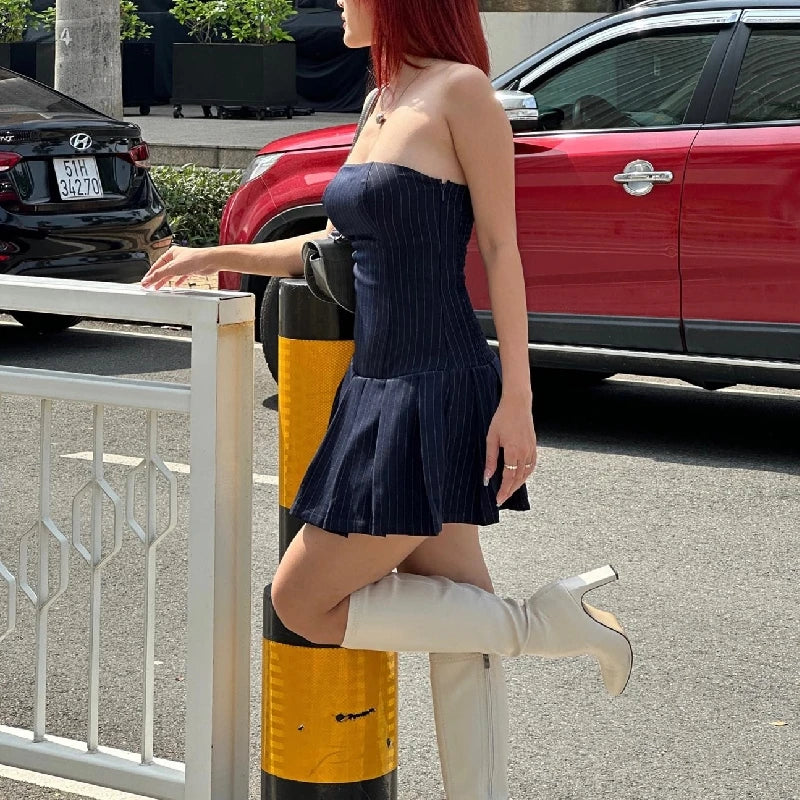 Blue A-line Pleated Slim Mini Dress