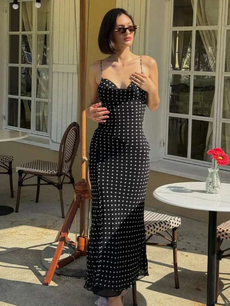 Polka Dot Print Dress Mesh Double Deck Backless V-Neck Street Skinny
