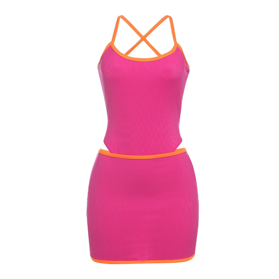 Ribbed Two Piece Set Stretch Backless Camisole Peach Hip Skirt Matching